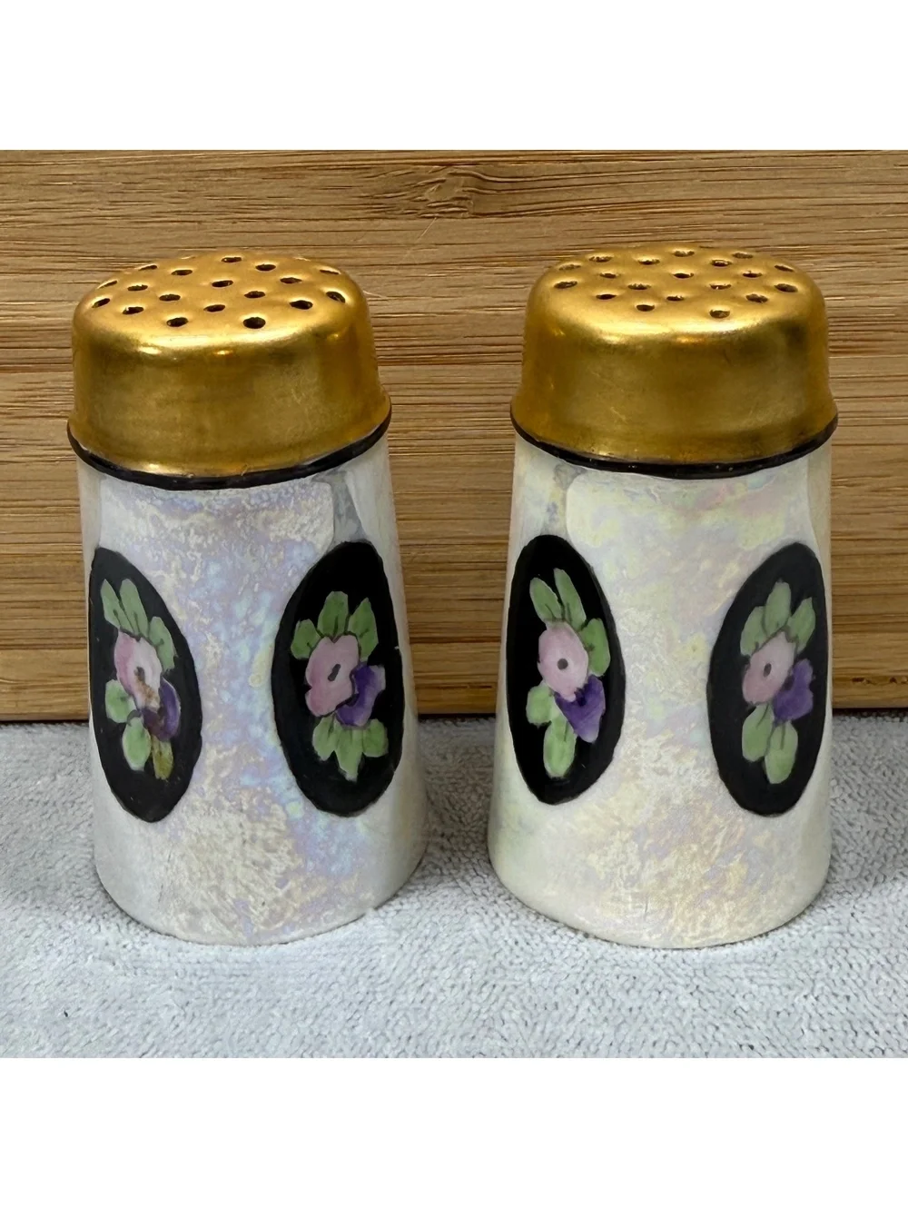 Antique Bavaria Art Nouveau Lusterware Salt Pepper Shakers Gold Porcelain